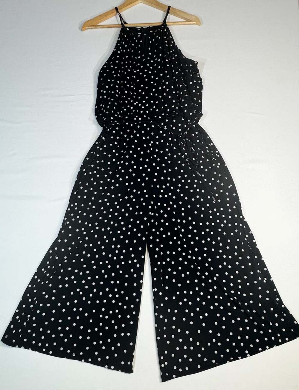 London Times Black and White Polka Dot Halter Neck Wide Leg Jumpsuit Size 10